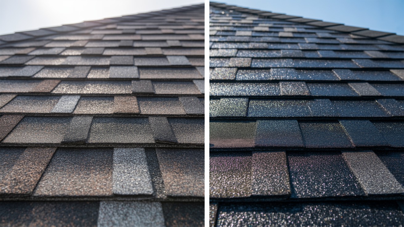 Dramatic before and after Peak 301 shingle rejuvenation — worn gray shingles restored to dark black
