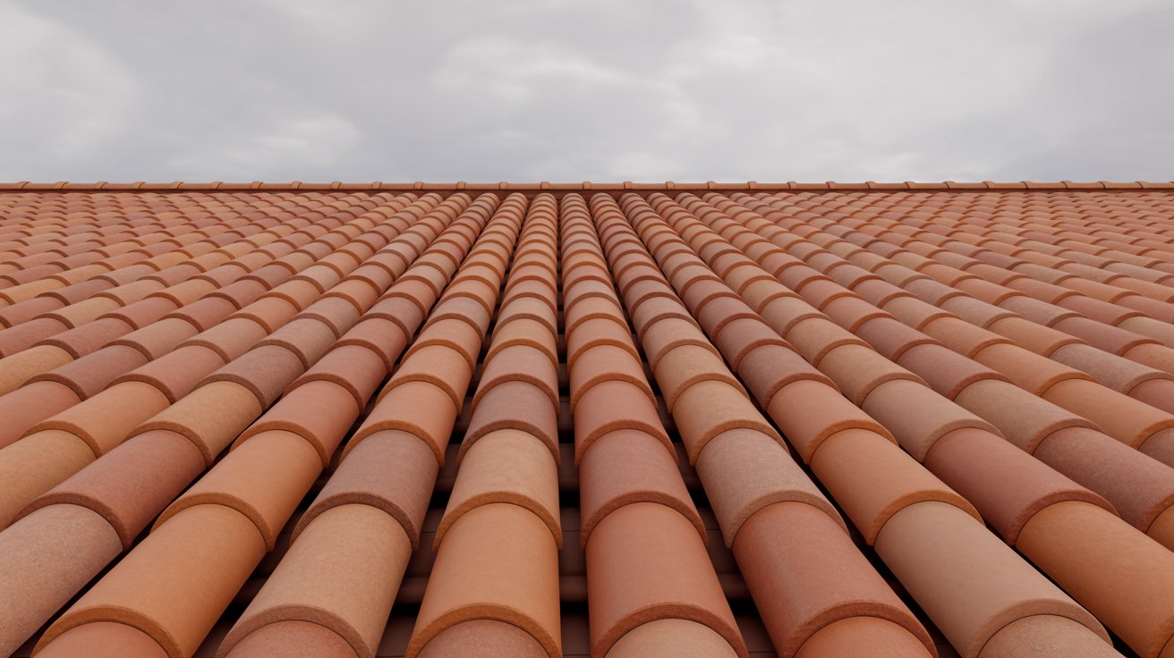 Clay barrel tile roof texture close-up
