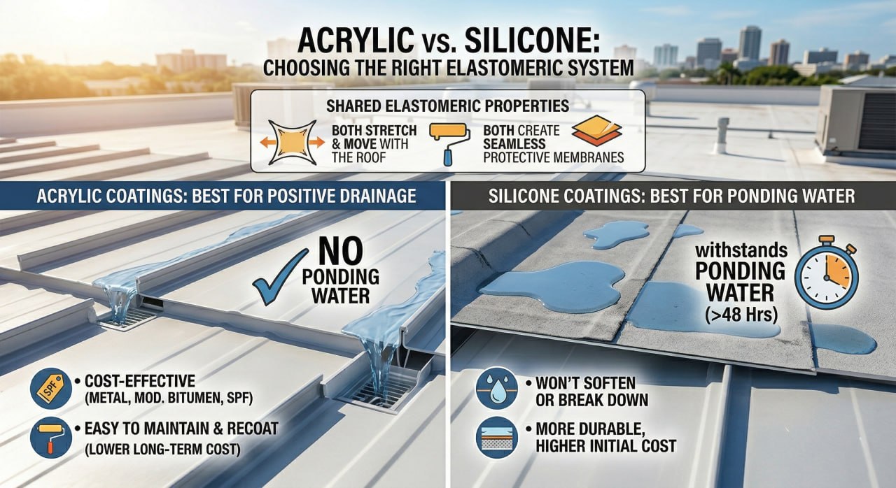 Acrylic versus silicone elastomeric roof coating comparison graphic