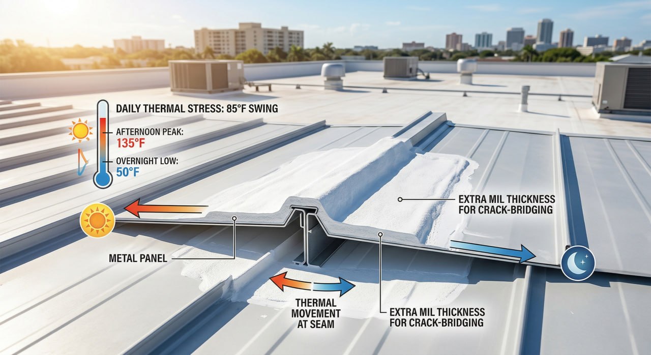 Diagram showing how extra coating thickness helps acrylic systems manage thermal stress and seam movement