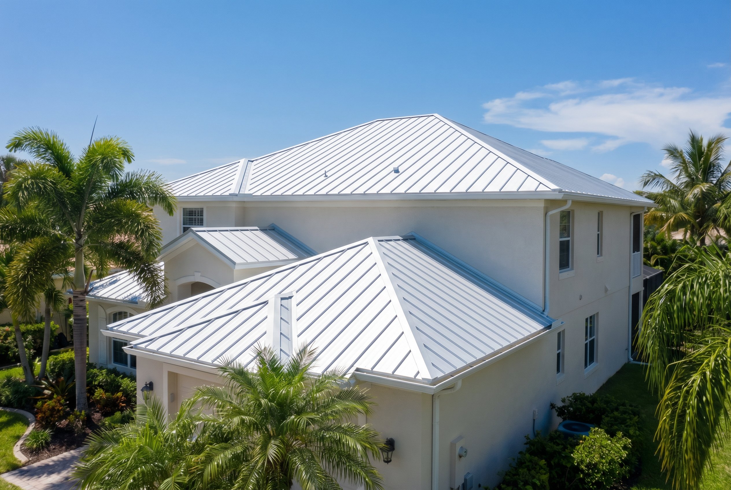 Completed white-coated metal roof on a Florida home