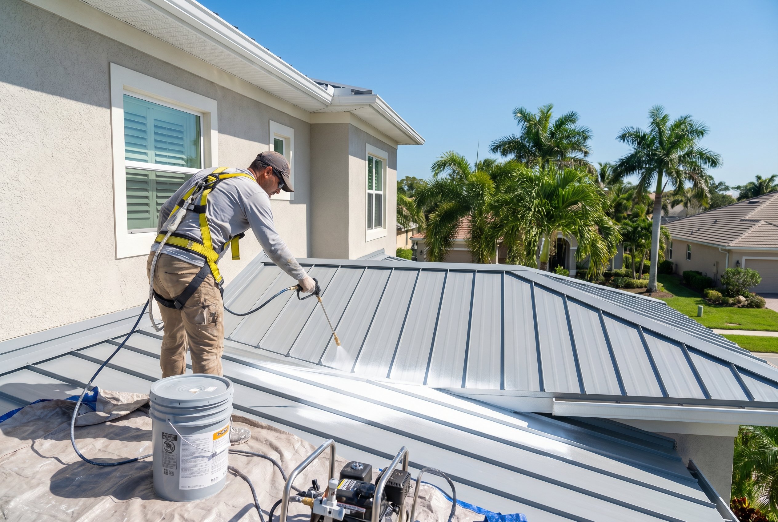 Technician in safety harness applying coating to a standing seam metal roof in Florida