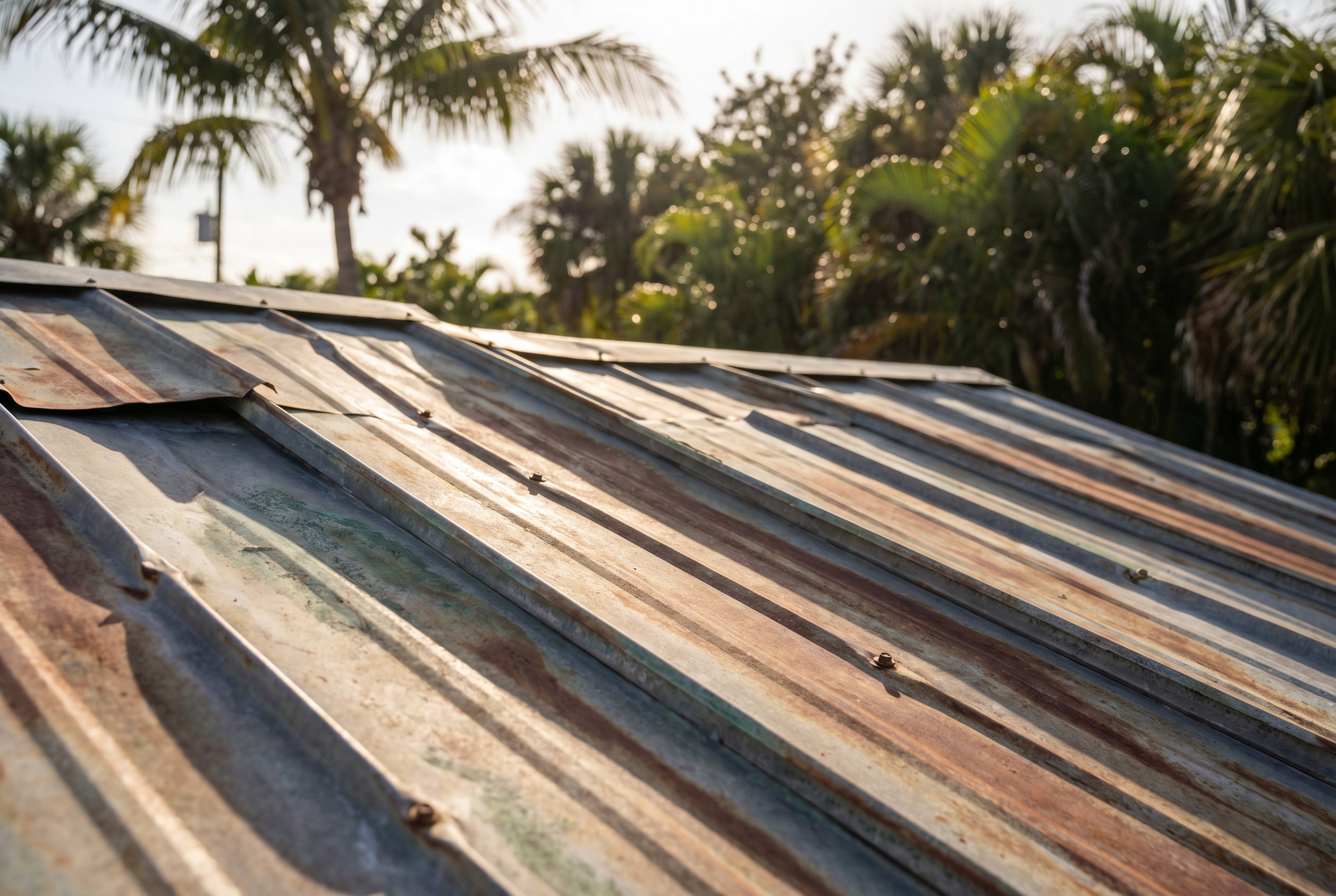 Weathered metal roof showing why coating and corrosion protection matter in Florida
