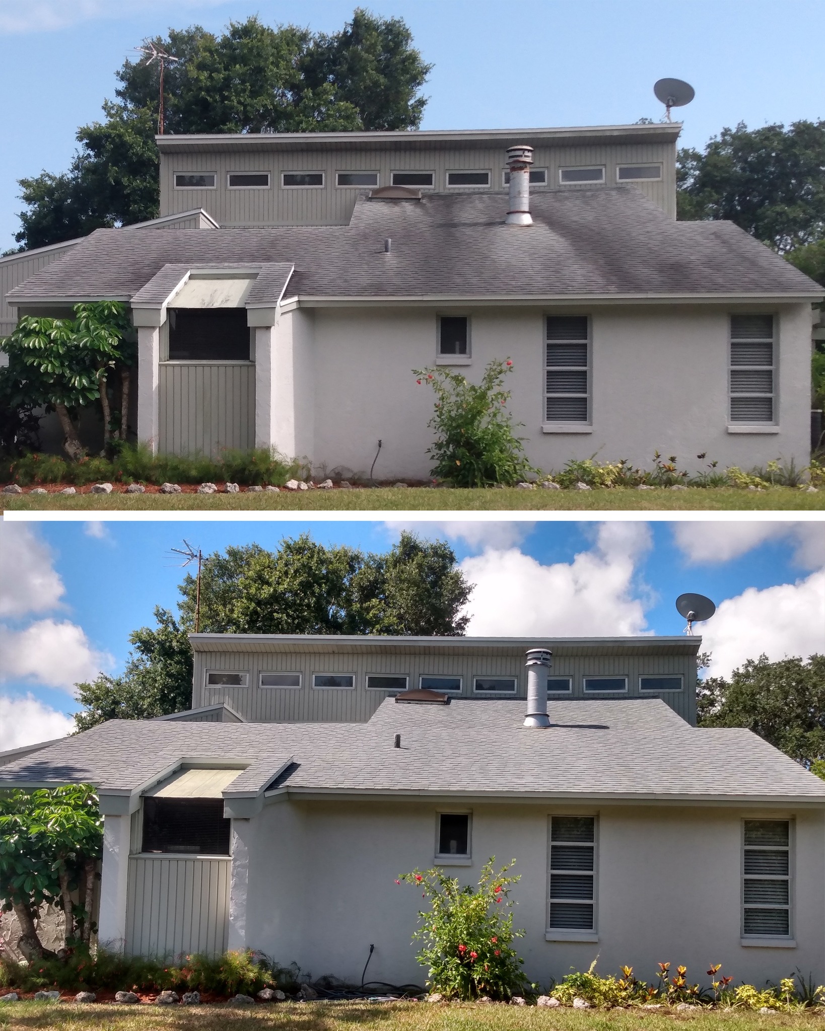 Before and after view of a home after shingle rejuvenation