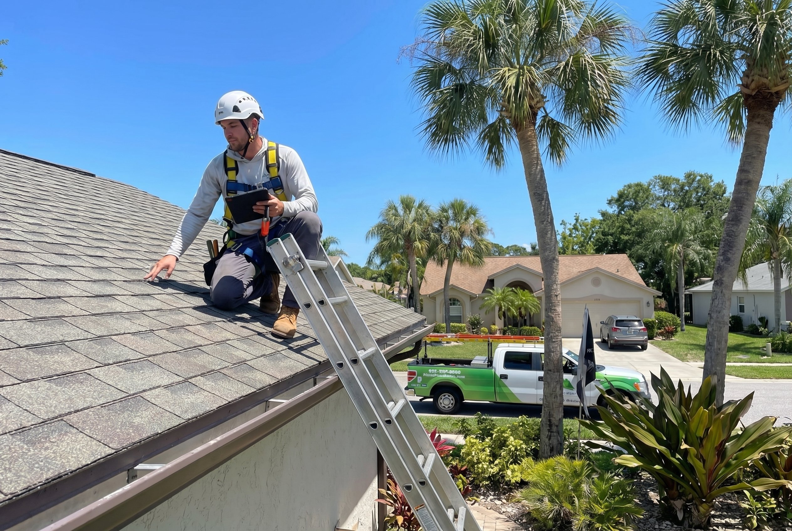 Technician assessing roof condition before soft wash cleaning begins