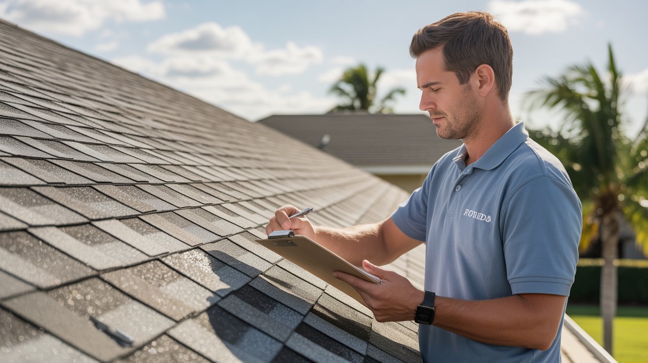 Inspector documenting roof condition during a residential assessment