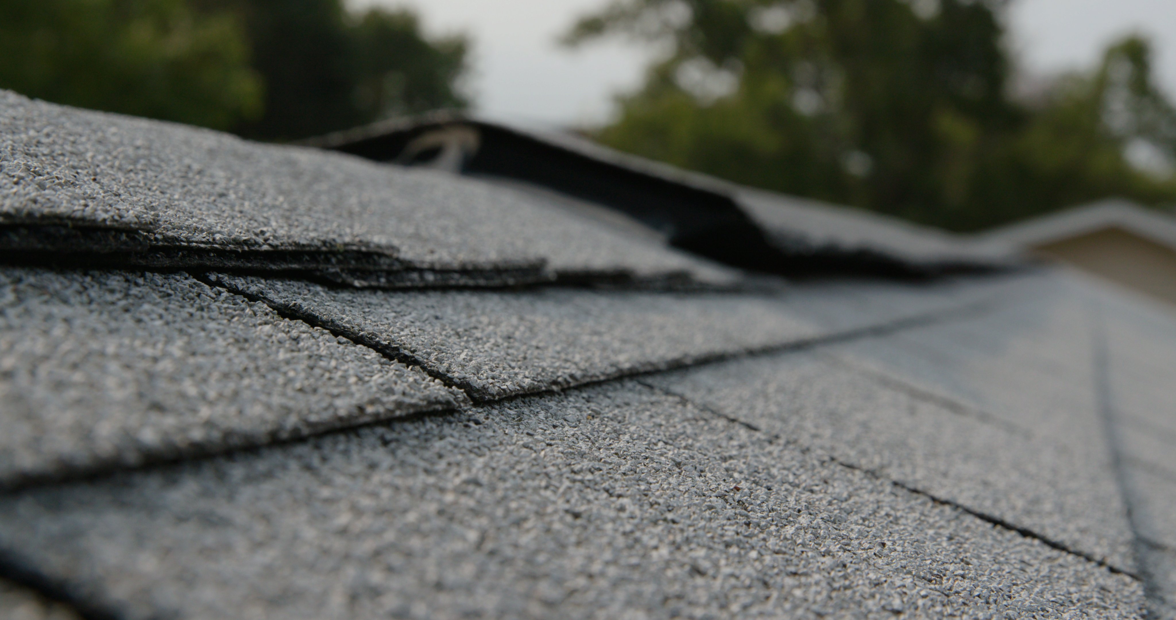 Close-up of aging asphalt shingles showing wear and surface damage in Florida heat