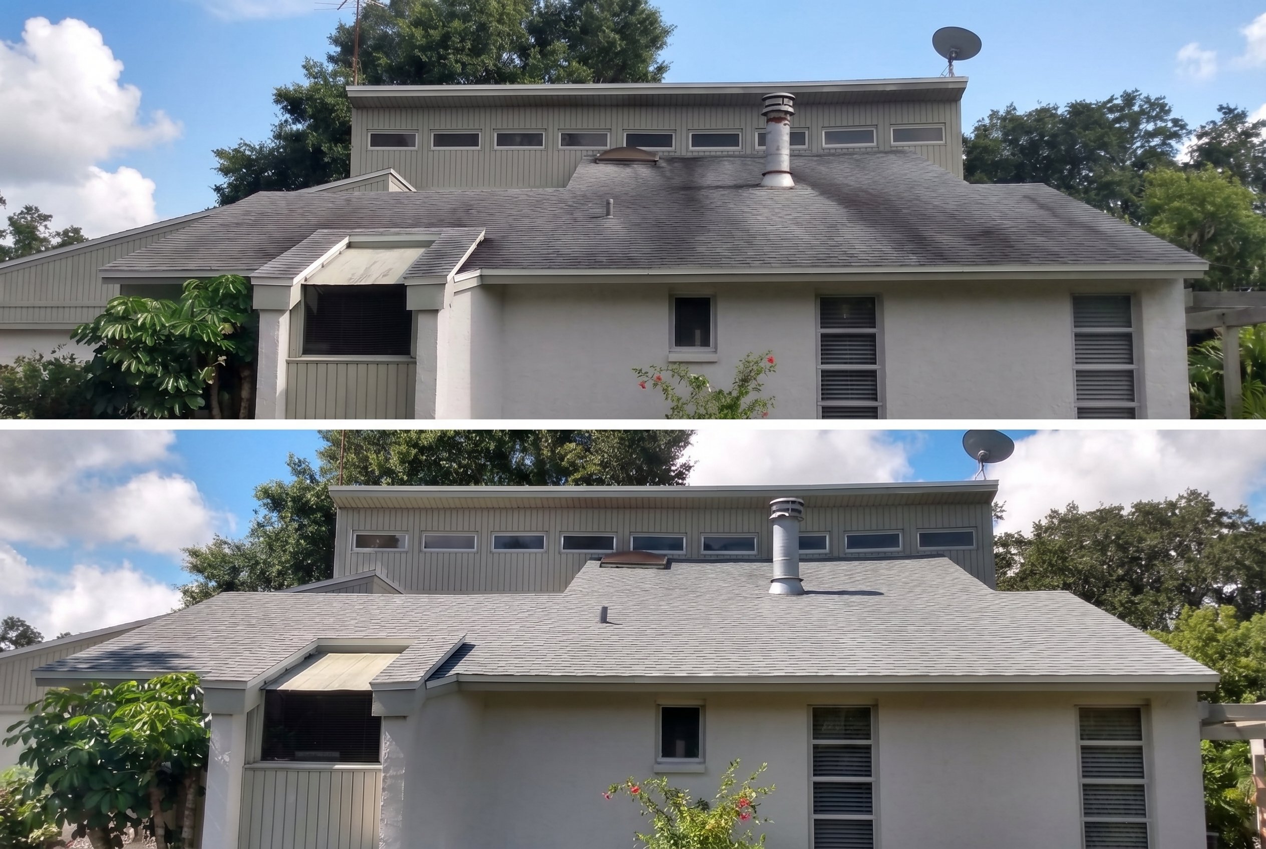 Before and after view of a roof cleaned using soft wash methods, not high pressure washing